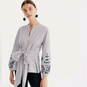 J Crew S Blouse Pinstripe Front Tie Bow Balloon Sleeves Embroidered Work Casual